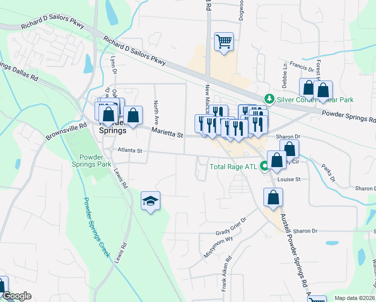 map of restaurants, bars, coffee shops, grocery stores, and more near 3926 Dillard Street in Powder Springs
