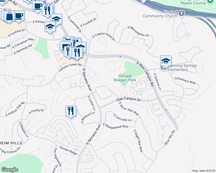map of restaurants, bars, coffee shops, grocery stores, and more near 922 South Flintridge Way in Anaheim
