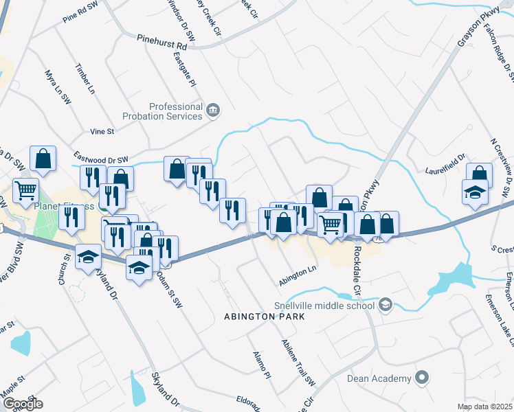 map of restaurants, bars, coffee shops, grocery stores, and more near 2055 Hickory Station Circle in Snellville