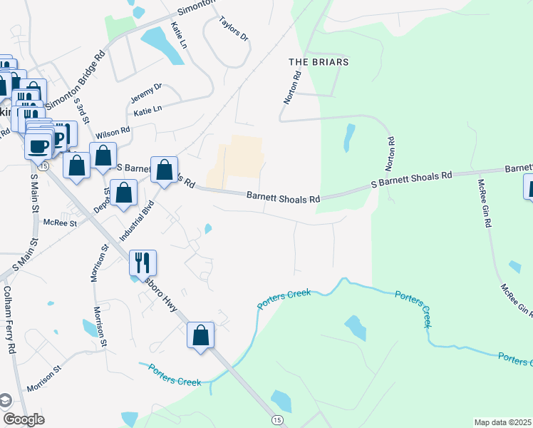 map of restaurants, bars, coffee shops, grocery stores, and more near Stone Shoals Terrace in Watkinsville