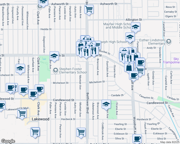 map of restaurants, bars, coffee shops, grocery stores, and more near 5606 Bellflower Boulevard in Lakewood