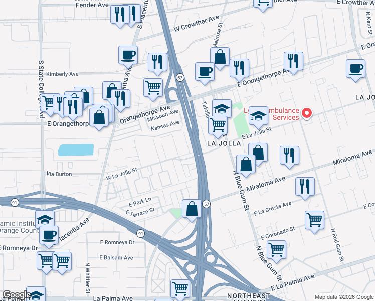 map of restaurants, bars, coffee shops, grocery stores, and more near 507 West La Jolla Street in Placentia