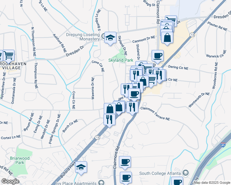 map of restaurants, bars, coffee shops, grocery stores, and more near 2461 Skyland Trail Northeast in Atlanta
