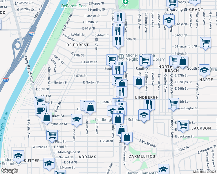 map of restaurants, bars, coffee shops, grocery stores, and more near 481 East 56th Street in Long Beach