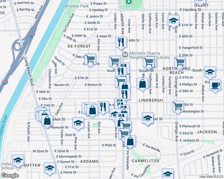 map of restaurants, bars, coffee shops, grocery stores, and more near 485 East 56th Street in Long Beach