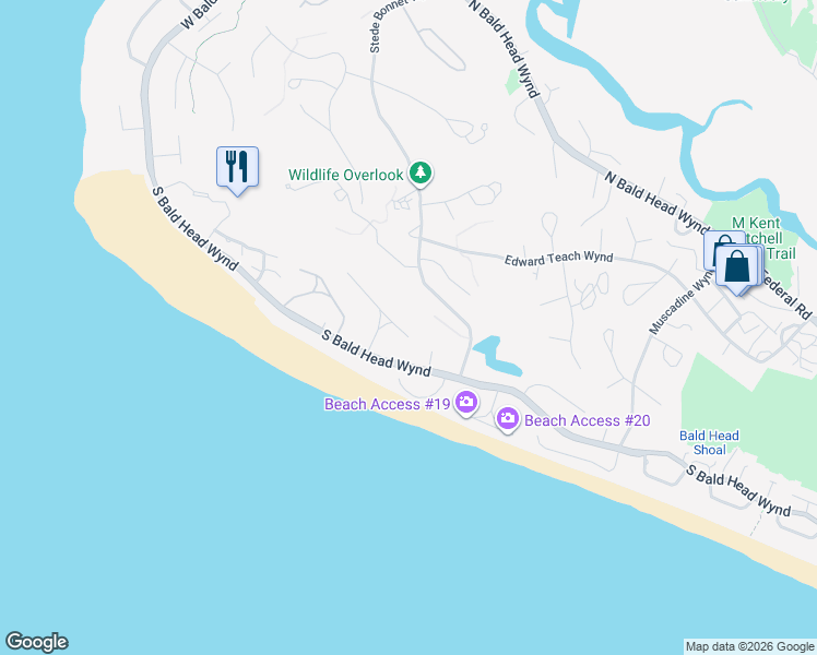 map of restaurants, bars, coffee shops, grocery stores, and more near 11 Mourning Warbler Trail in Bald Head Island