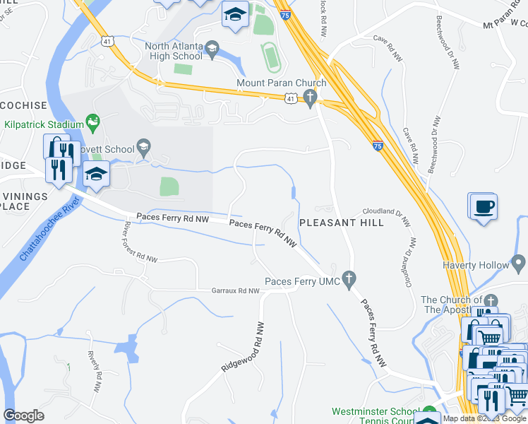 map of restaurants, bars, coffee shops, grocery stores, and more near 3815 Paces Ferry Road Northwest in Atlanta