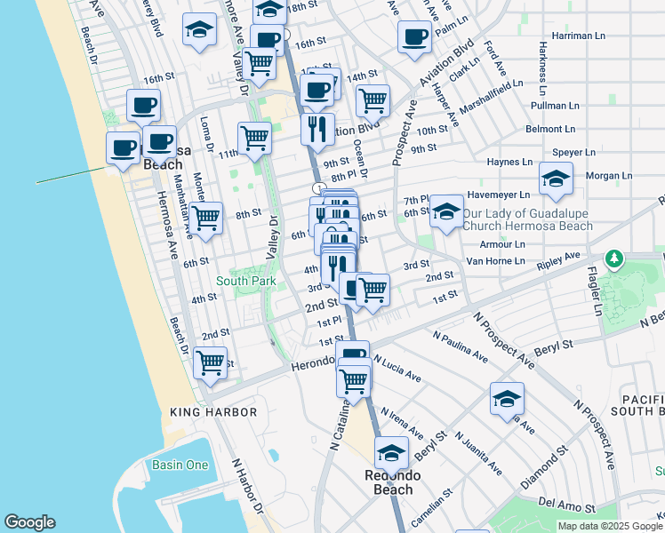 map of restaurants, bars, coffee shops, grocery stores, and more near 707 4th Street in Hermosa Beach
