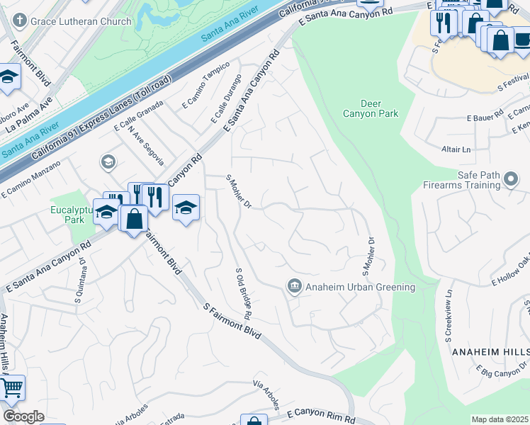 map of restaurants, bars, coffee shops, grocery stores, and more near South Yorkshire Circle in Anaheim