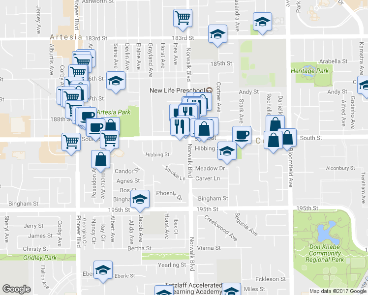 map of restaurants, bars, coffee shops, grocery stores, and more near 19023 Norwalk Blvd in Artesia