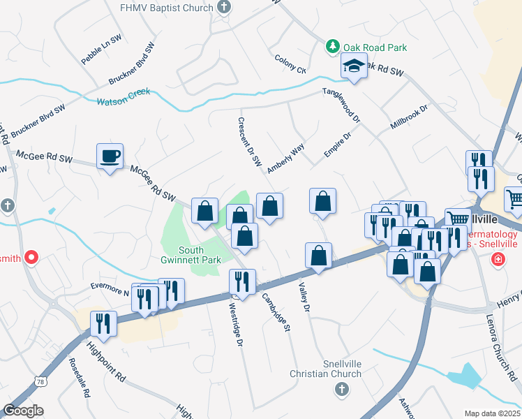 map of restaurants, bars, coffee shops, grocery stores, and more near 2106 Mc Gee Road Southwest in Snellville