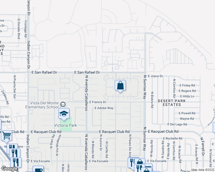 map of restaurants, bars, coffee shops, grocery stores, and more near 1180 Sunflower Lane in Palm Springs