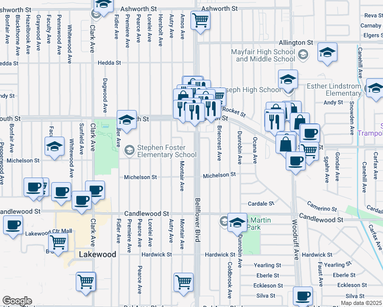 map of restaurants, bars, coffee shops, grocery stores, and more near 5609 Bellflower Boulevard in Lakewood