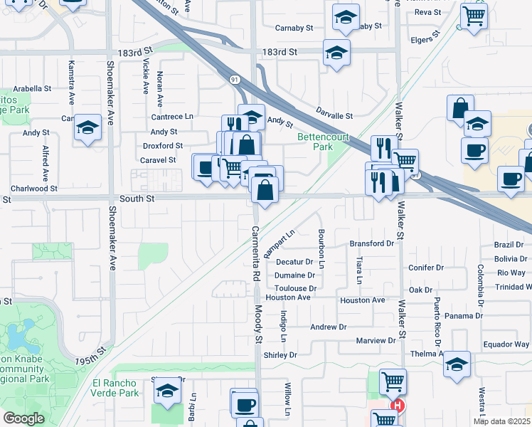 map of restaurants, bars, coffee shops, grocery stores, and more near 7002 Moody Street in La Palma