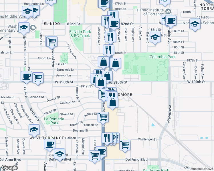 map of restaurants, bars, coffee shops, grocery stores, and more near in Redondo Beach