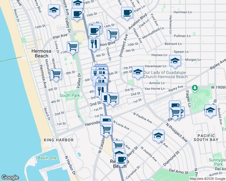 map of restaurants, bars, coffee shops, grocery stores, and more near 311 Hopkins Avenue in Hermosa Beach