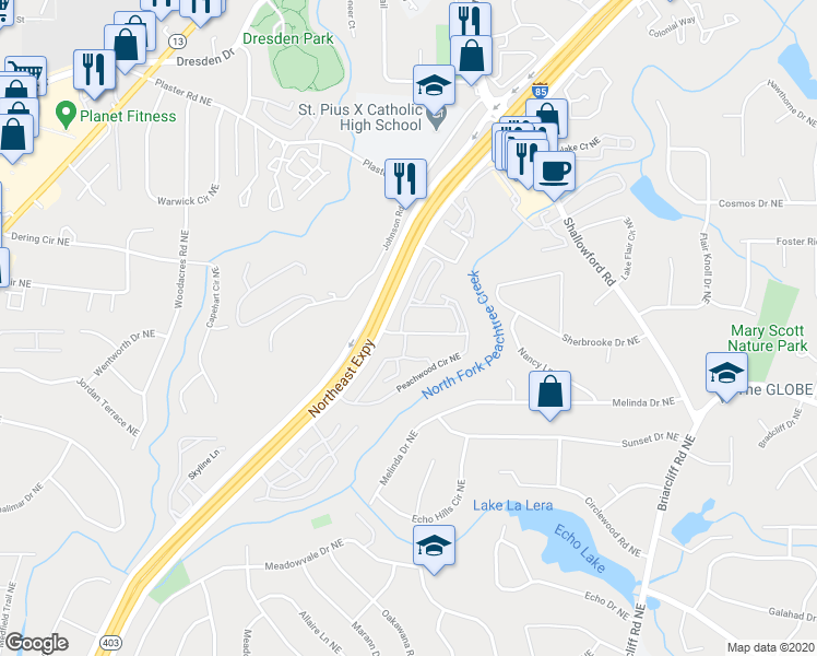 map of restaurants, bars, coffee shops, grocery stores, and more near 2348 Peachwood Circle Northeast in Atlanta