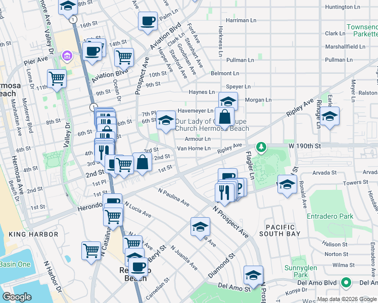 map of restaurants, bars, coffee shops, grocery stores, and more near 1622 Van Horne Lane in Redondo Beach