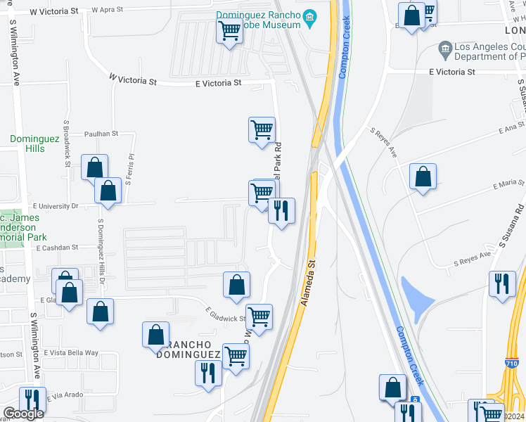 map of restaurants, bars, coffee shops, grocery stores, and more near 19009 South Laurel Park Road in Compton