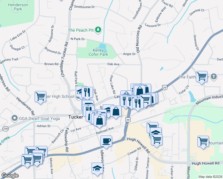 map of restaurants, bars, coffee shops, grocery stores, and more near 2473 Pine Lake Road in Tucker