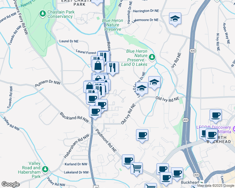 map of restaurants, bars, coffee shops, grocery stores, and more near 51 Ivy Gates Northeast in Atlanta