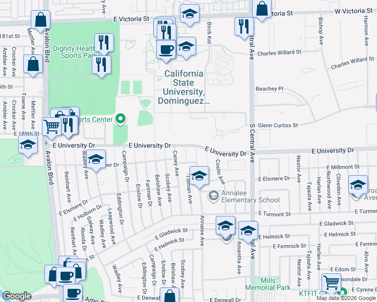 map of restaurants, bars, coffee shops, grocery stores, and more near 19012 Tillman Avenue in Carson