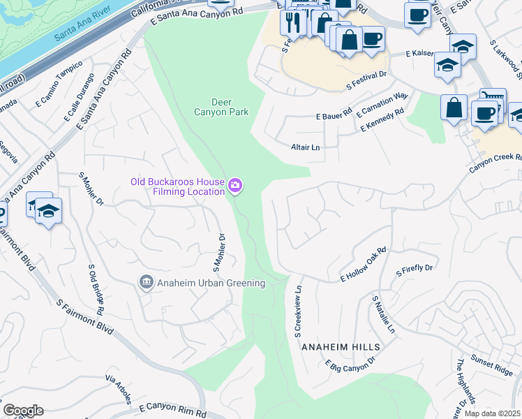 map of restaurants, bars, coffee shops, grocery stores, and more near 735 Canyon Mist Lane in Anaheim