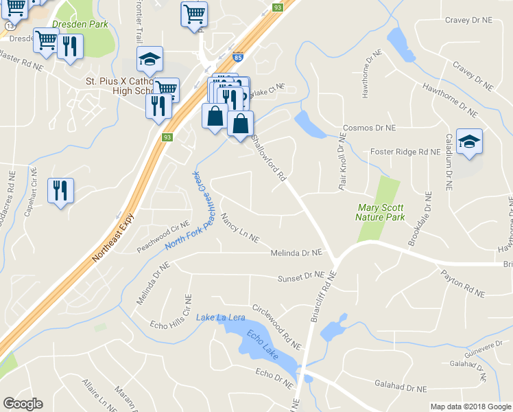 map of restaurants, bars, coffee shops, grocery stores, and more near 2508 Sherbrooke Drive Northeast in Atlanta