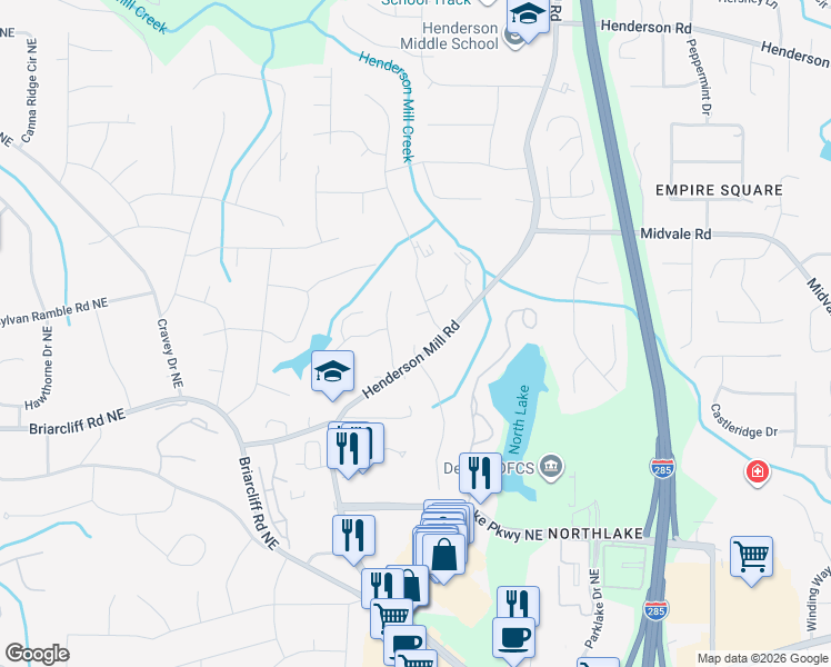 map of restaurants, bars, coffee shops, grocery stores, and more near 2454 Kings Court in Atlanta