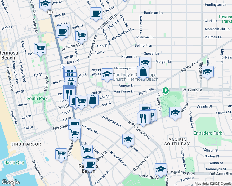 map of restaurants, bars, coffee shops, grocery stores, and more near 1604 Van Horne Lane in Redondo Beach