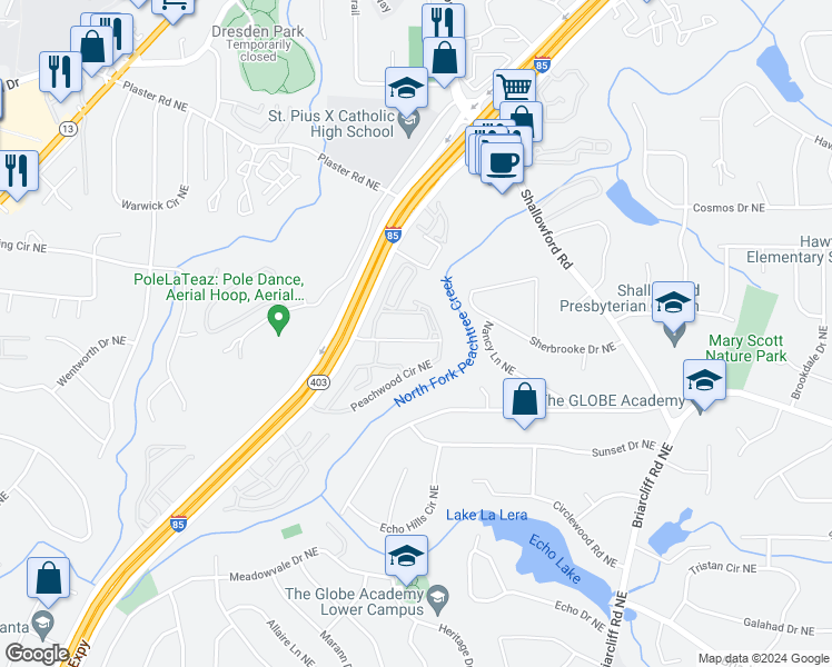 map of restaurants, bars, coffee shops, grocery stores, and more near 2382 Peachwood Circle Northeast in Atlanta
