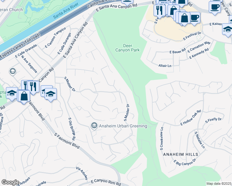 map of restaurants, bars, coffee shops, grocery stores, and more near 316 South Penny Lane in Anaheim