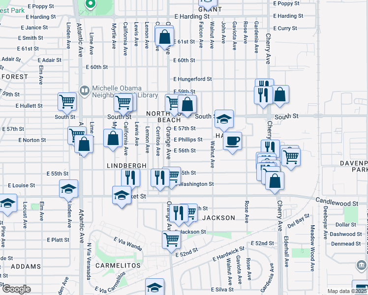 map of restaurants, bars, coffee shops, grocery stores, and more near 1309 East 56th Street in Long Beach