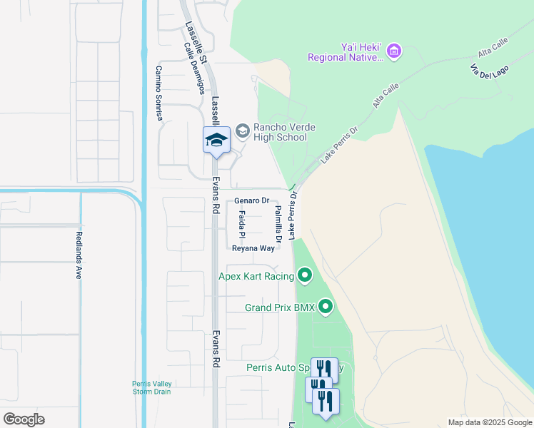 map of restaurants, bars, coffee shops, grocery stores, and more near 876 Santona Court in Perris