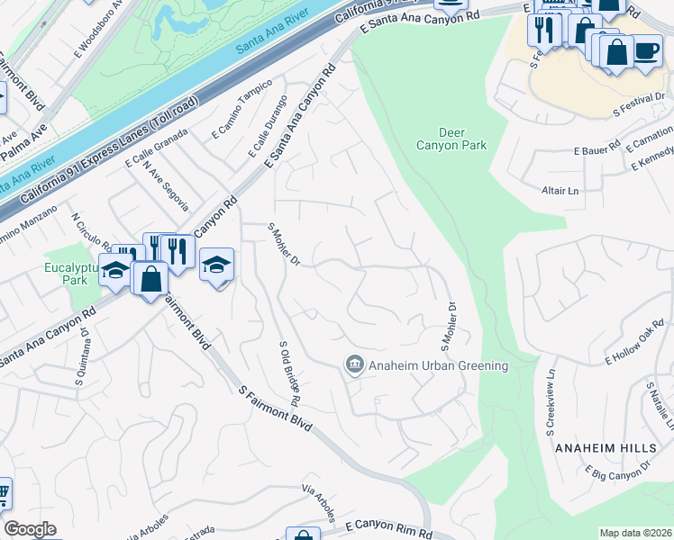 map of restaurants, bars, coffee shops, grocery stores, and more near 340 S Yorkshire Cir in Anaheim