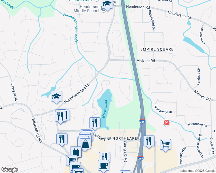 map of restaurants, bars, coffee shops, grocery stores, and more near 2495 Northlake Court Northeast in Atlanta
