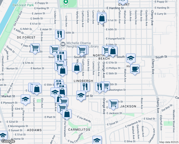map of restaurants, bars, coffee shops, grocery stores, and more near 5590 Lewis Avenue in Long Beach