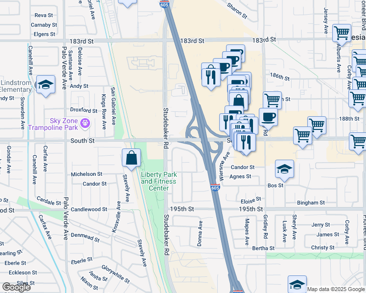 map of restaurants, bars, coffee shops, grocery stores, and more near 11025 Hibbing Street in Cerritos