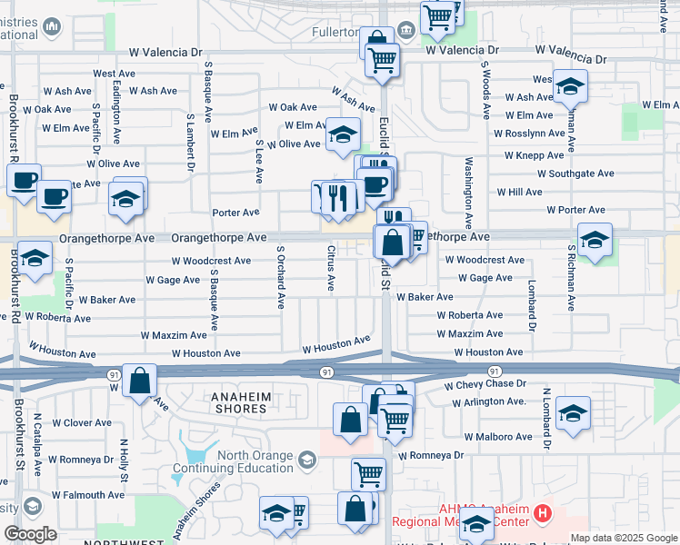 map of restaurants, bars, coffee shops, grocery stores, and more near 1319 South Orange Avenue in Fullerton