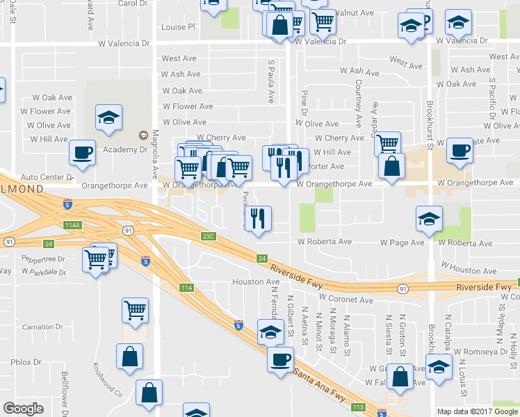 map of restaurants, bars, coffee shops, grocery stores, and more near 1324 South Peckham Street in Fullerton