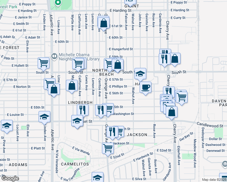 map of restaurants, bars, coffee shops, grocery stores, and more near 1309 East 56th Street in Long Beach