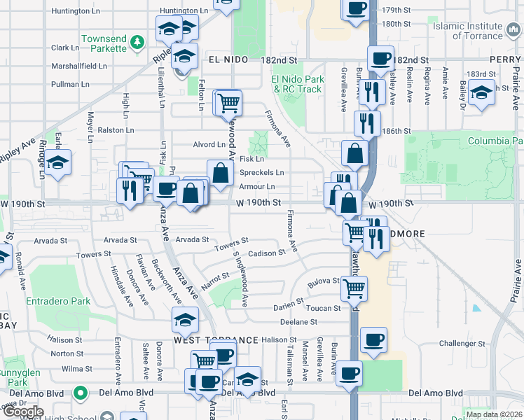 map of restaurants, bars, coffee shops, grocery stores, and more near 4729 191st Street in Torrance