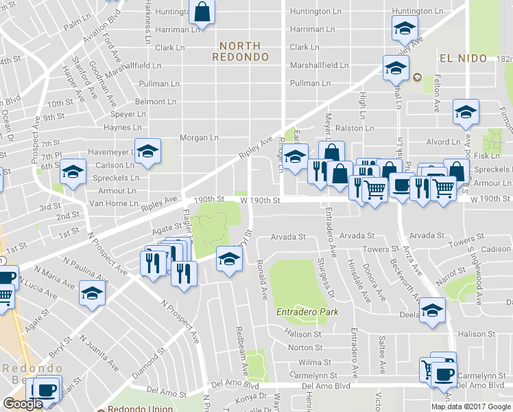 map of restaurants, bars, coffee shops, grocery stores, and more near 5530 West 190th Street in Torrance
