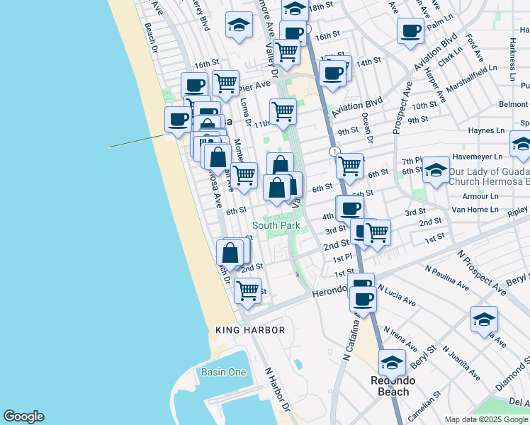 map of restaurants, bars, coffee shops, grocery stores, and more near 312 6th Street in Hermosa Beach