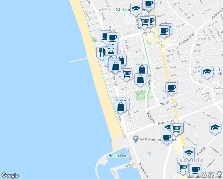 map of restaurants, bars, coffee shops, grocery stores, and more near in Hermosa Beach