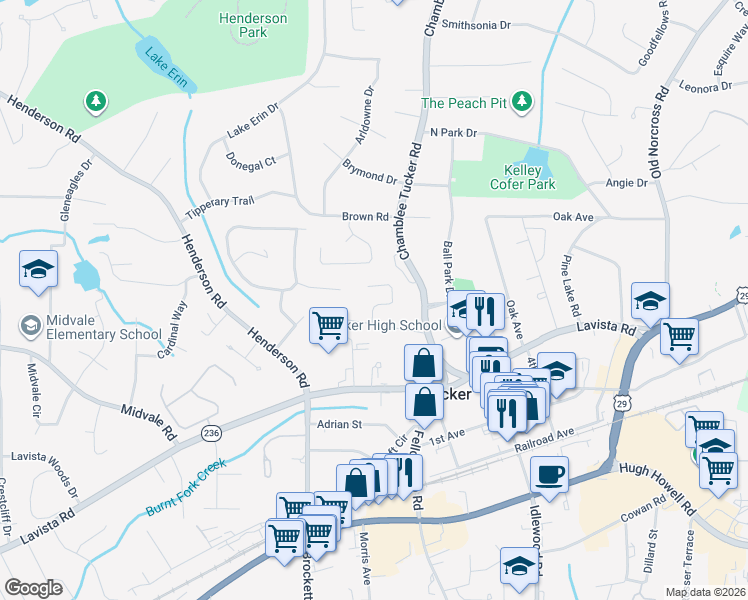 map of restaurants, bars, coffee shops, grocery stores, and more near 2465 Summeroak Drive in Tucker