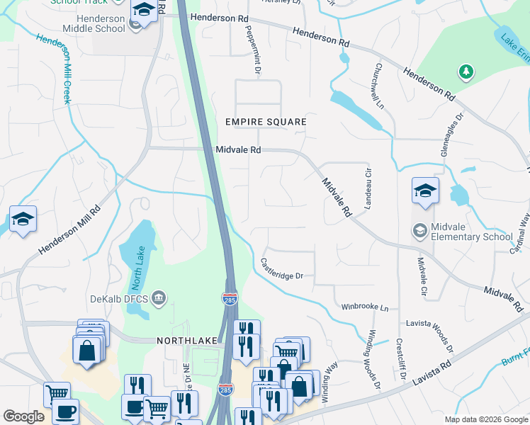map of restaurants, bars, coffee shops, grocery stores, and more near 3531 Midvale Cove in Tucker