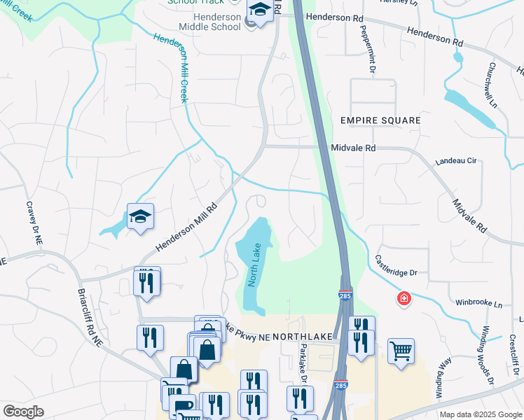 map of restaurants, bars, coffee shops, grocery stores, and more near 2495 Northlake Court Northeast in Atlanta