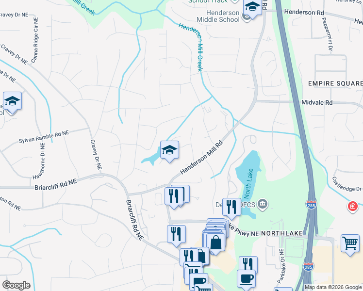 map of restaurants, bars, coffee shops, grocery stores, and more near 3192 Kings Arms Court in Atlanta