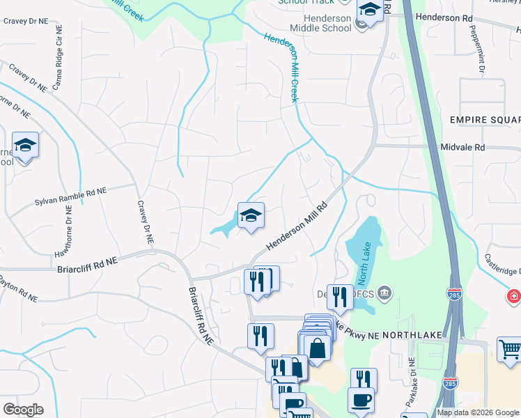 map of restaurants, bars, coffee shops, grocery stores, and more near 3192 Kings Arms Court in Atlanta